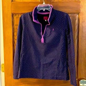 Joules quarter zip navy with lavender polka dots.